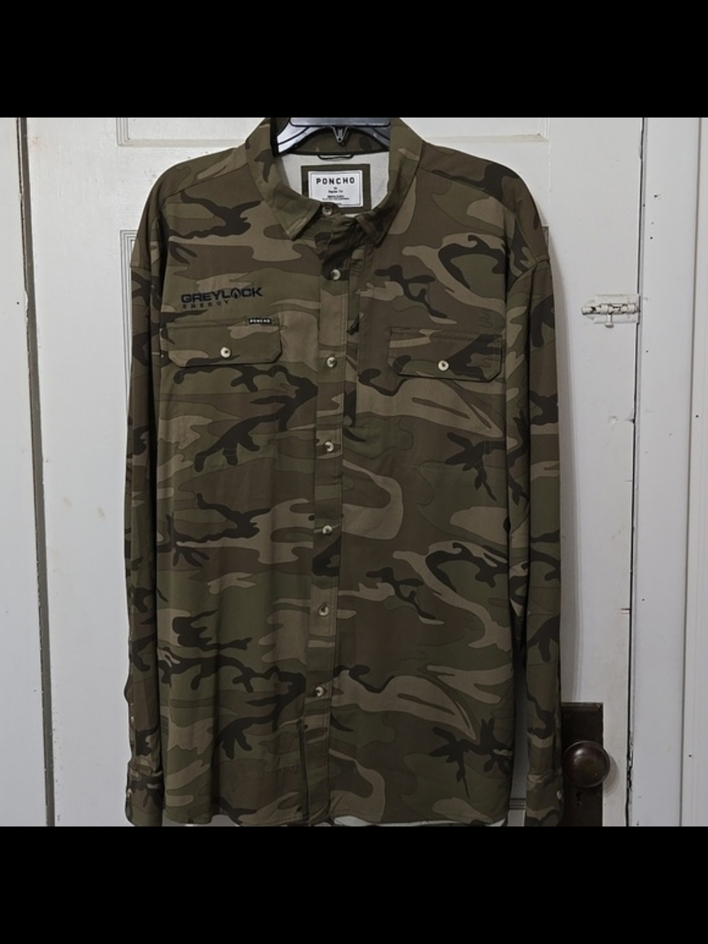 Poncho Outdoors Emroidered Greylock Camo Button-Up Shirt in Olive Green
